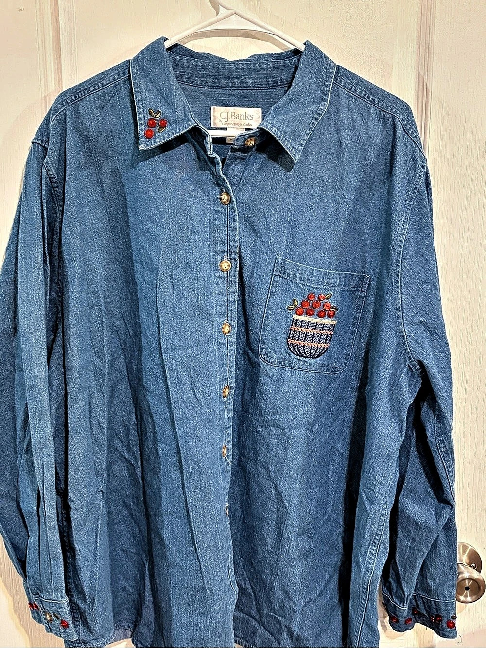 CJ Banks Vintahe Fall Apple Embroidered Blue Shirt Size 2X